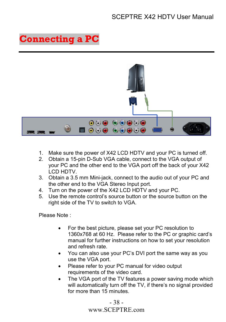 Connecting a pc | Sceptre Technologies X42 User Manual | Page 38 / 119