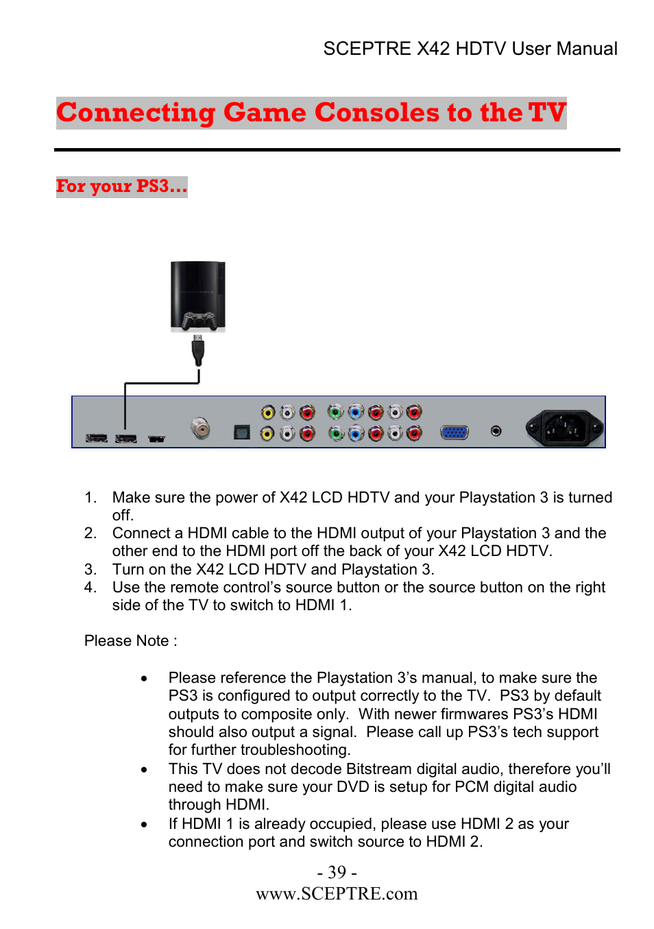 Connecting game consoles to the tv, For your ps3 | Sceptre Technologies X42 User Manual | Page 39 / 119