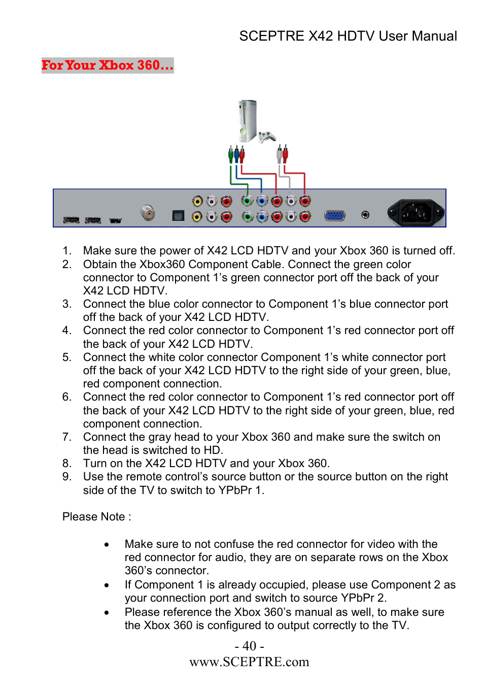 For your xbox 360 | Sceptre Technologies X42 User Manual | Page 40 / 119