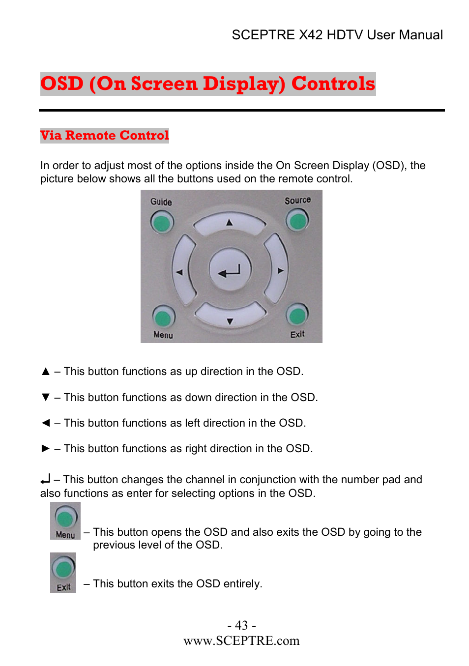 Osd (on screen display) controls | Sceptre Technologies X42 User Manual | Page 43 / 119