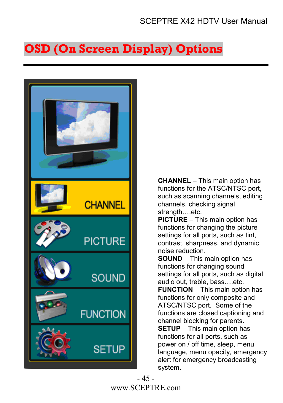Osd (on screen display) options | Sceptre Technologies X42 User Manual | Page 45 / 119
