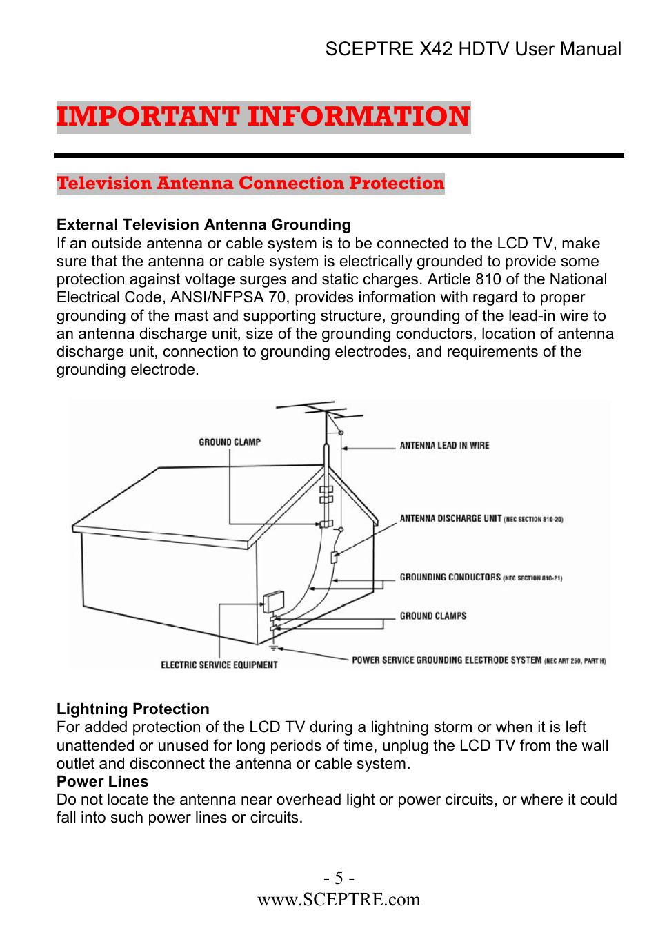 Important information | Sceptre Technologies X42 User Manual | Page 5 / 119