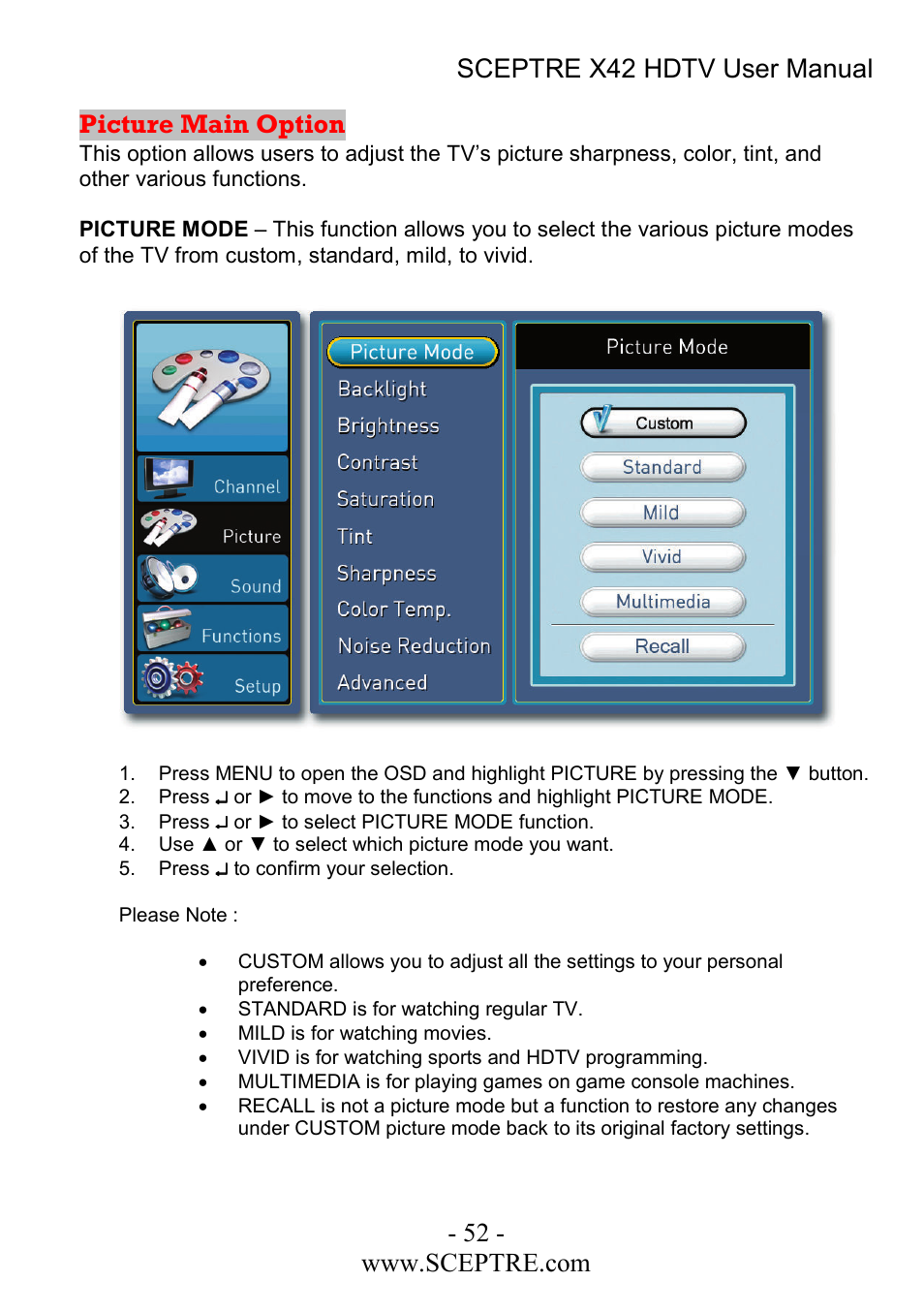 Picture main option | Sceptre Technologies X42 User Manual | Page 52 / 119