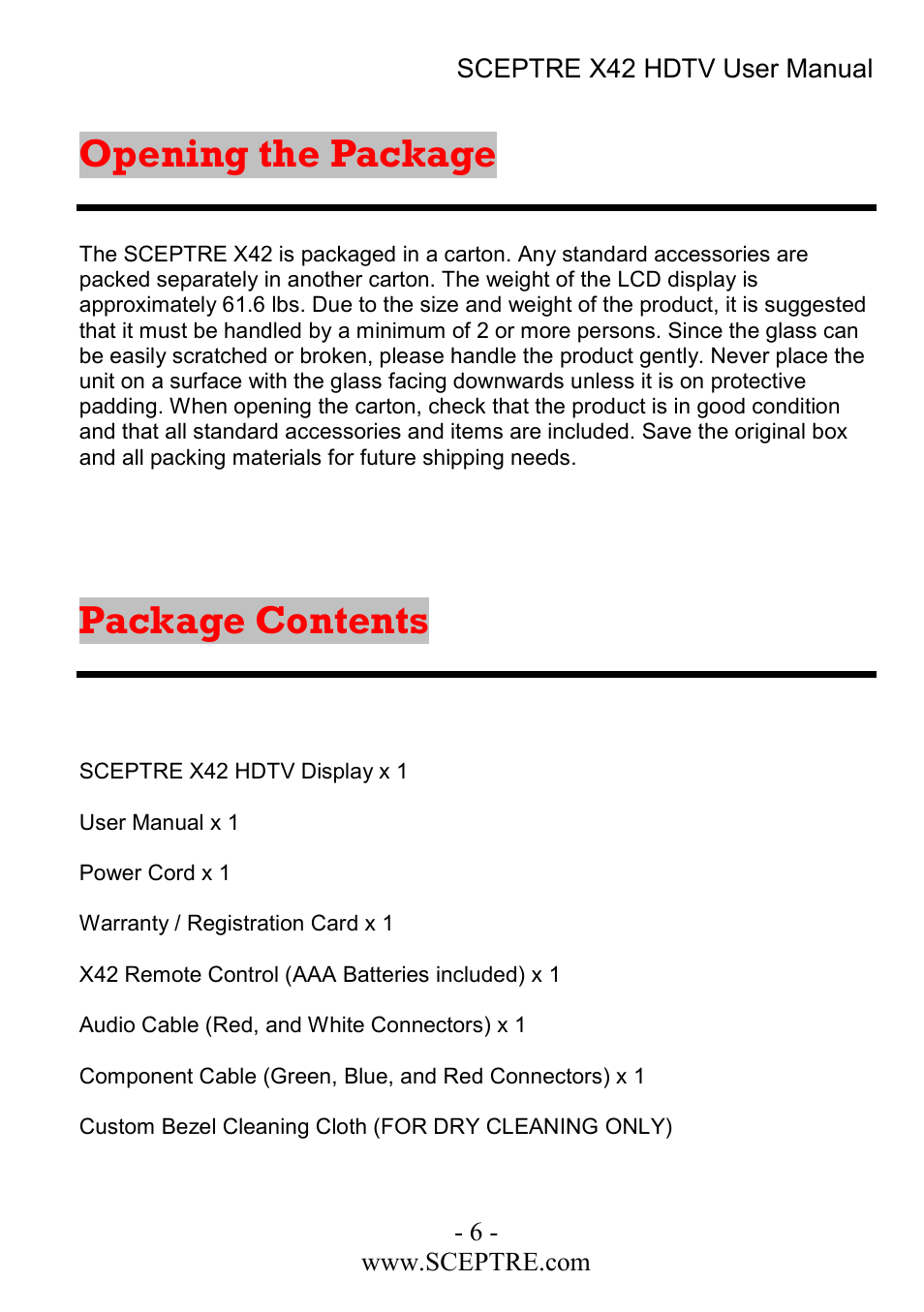 Opening the package, Package contents | Sceptre Technologies X42 User Manual | Page 6 / 119