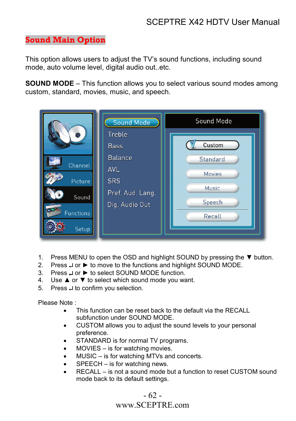 Sound main option | Sceptre Technologies X42 User Manual | Page 62 / 119