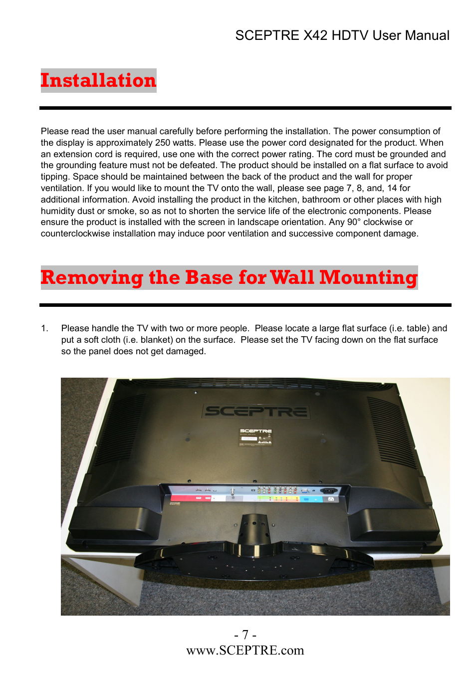 Installation, Removing the base for wall mounting | Sceptre Technologies X42 User Manual | Page 7 / 119