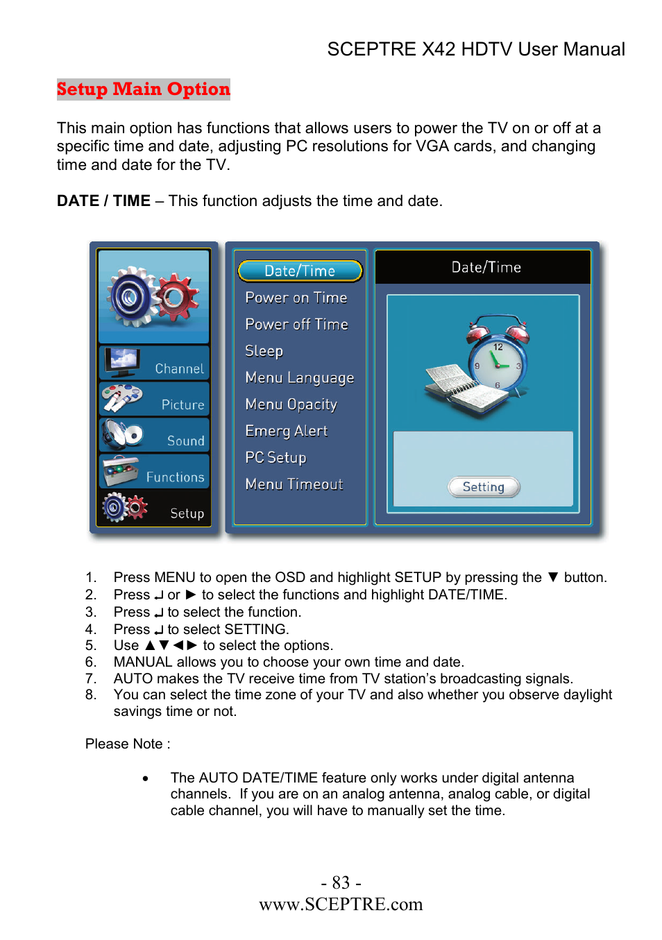 Setup main option | Sceptre Technologies X42 User Manual | Page 83 / 119