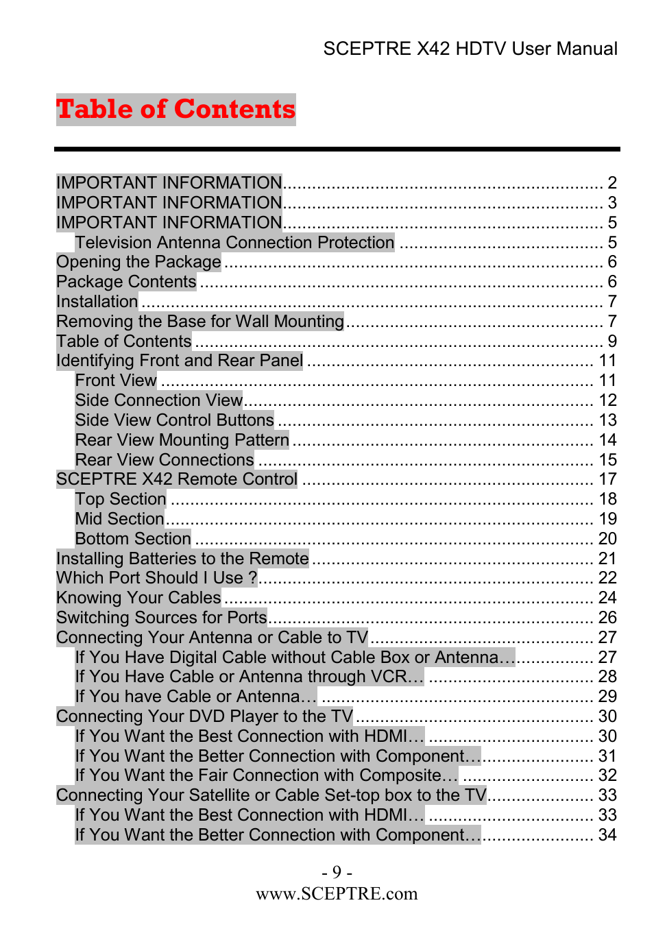 Sceptre Technologies X42 User Manual | Page 9 / 119
