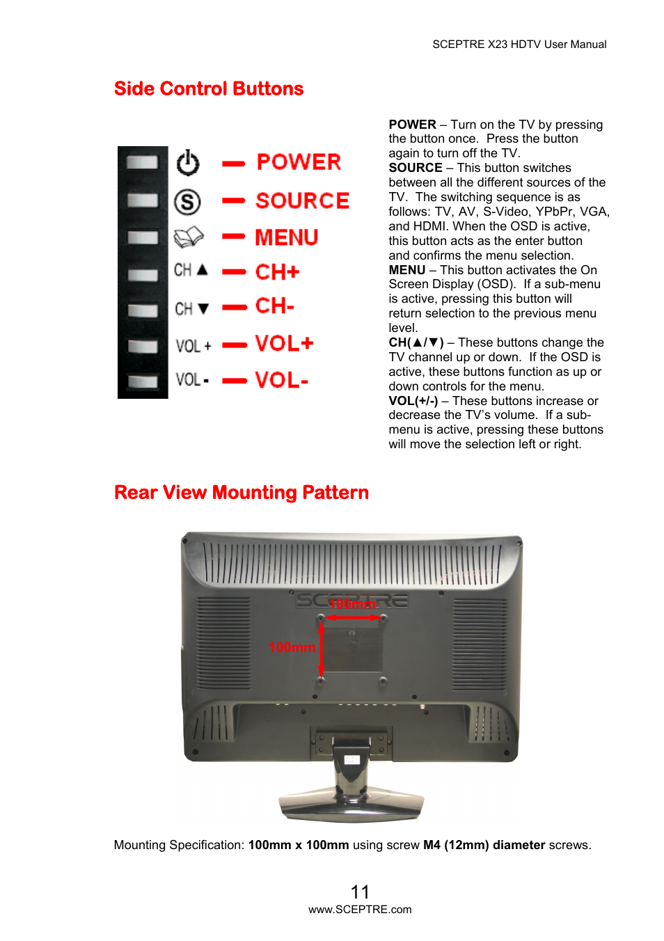 Side control buttons, Rear view mounting pattern | Sceptre X23PV-KOMODO User Manual | Page 11 / 79