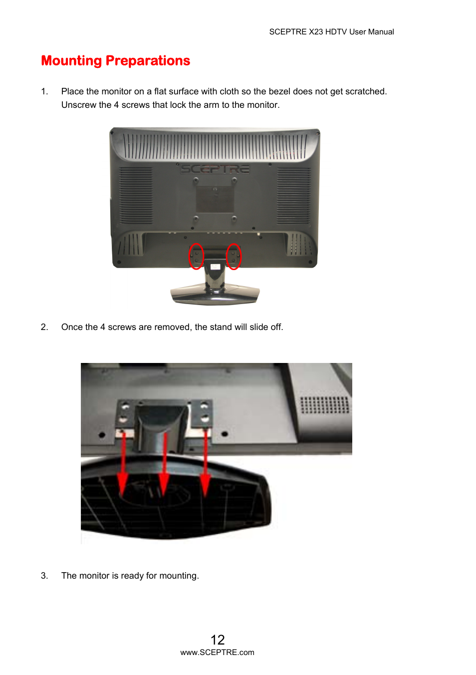 Mounting preparations | Sceptre X23PV-KOMODO User Manual | Page 12 / 79