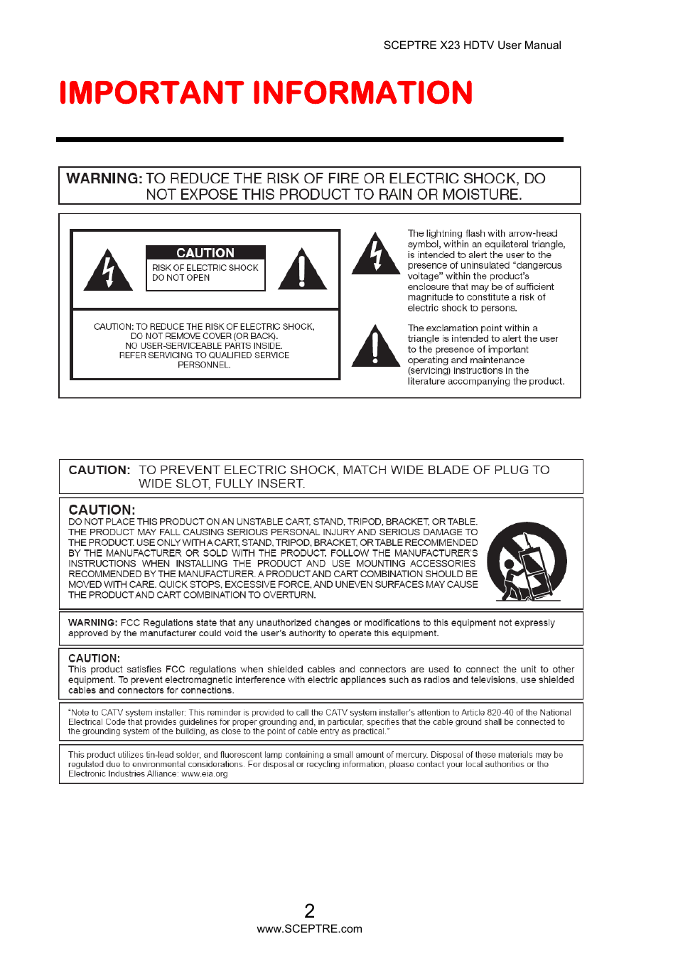 Important information | Sceptre X23PV-KOMODO User Manual | Page 2 / 79