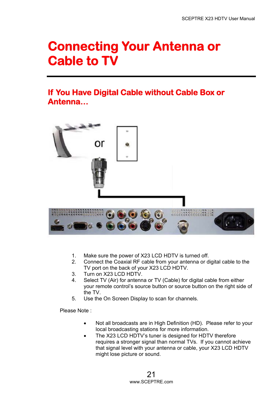 Connecting your antenna or cable to tv | Sceptre X23PV-KOMODO User Manual | Page 21 / 79