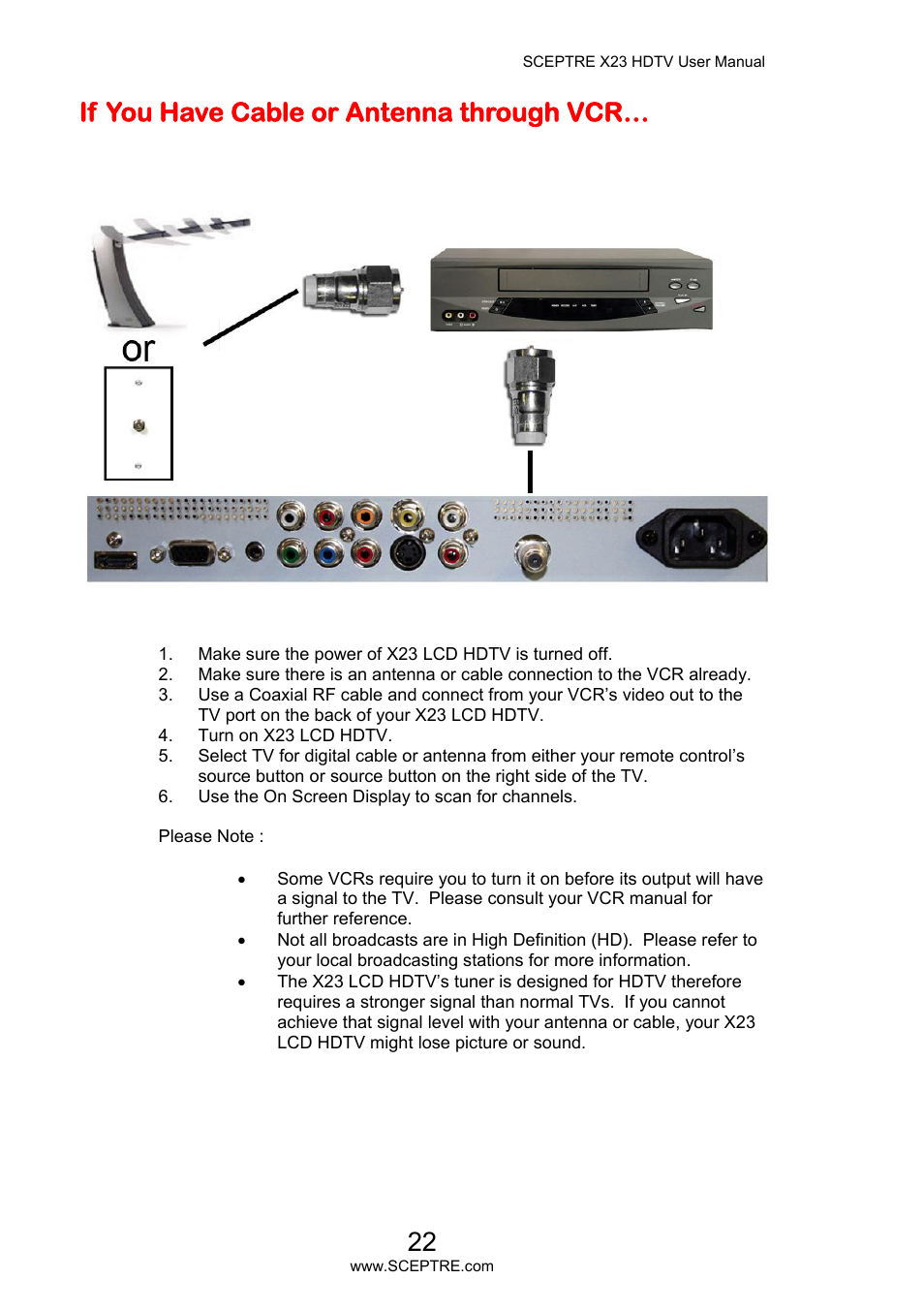 If you have cable or antenna through vcr | Sceptre X23PV-KOMODO User Manual | Page 22 / 79