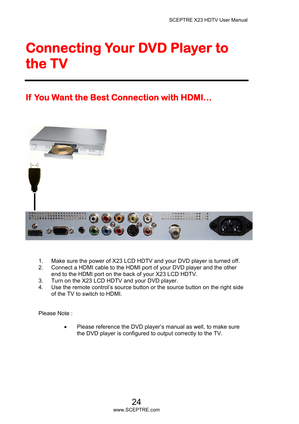 Connecting your dvd player to the tv, If you want the best connection with hdmi | Sceptre X23PV-KOMODO User Manual | Page 24 / 79