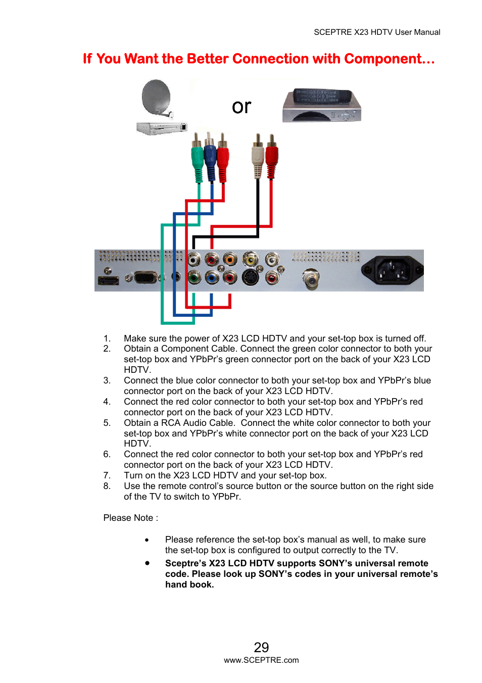 If you want the better connection with component | Sceptre X23PV-KOMODO User Manual | Page 29 / 79