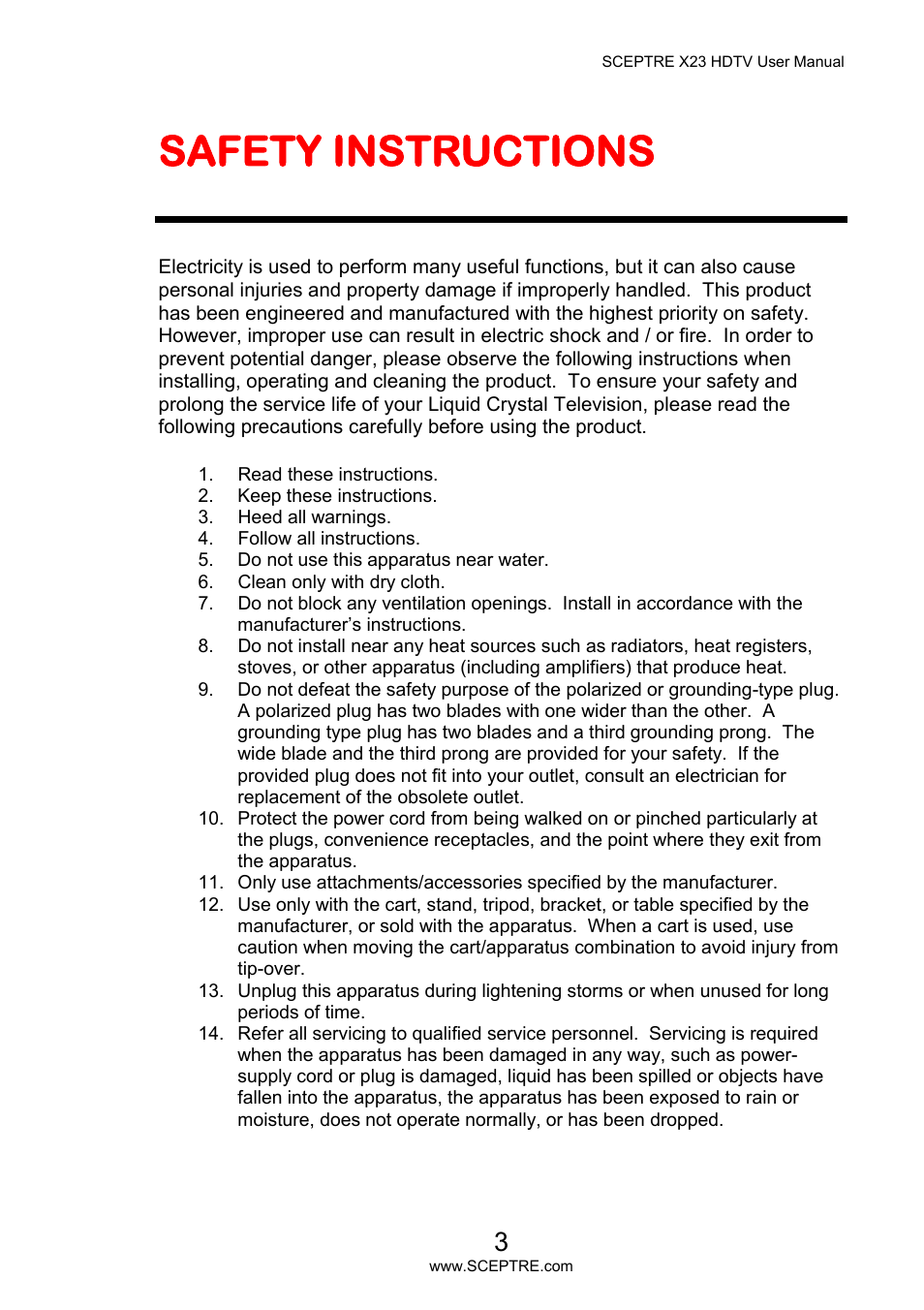 Safety instructions | Sceptre X23PV-KOMODO User Manual | Page 3 / 79
