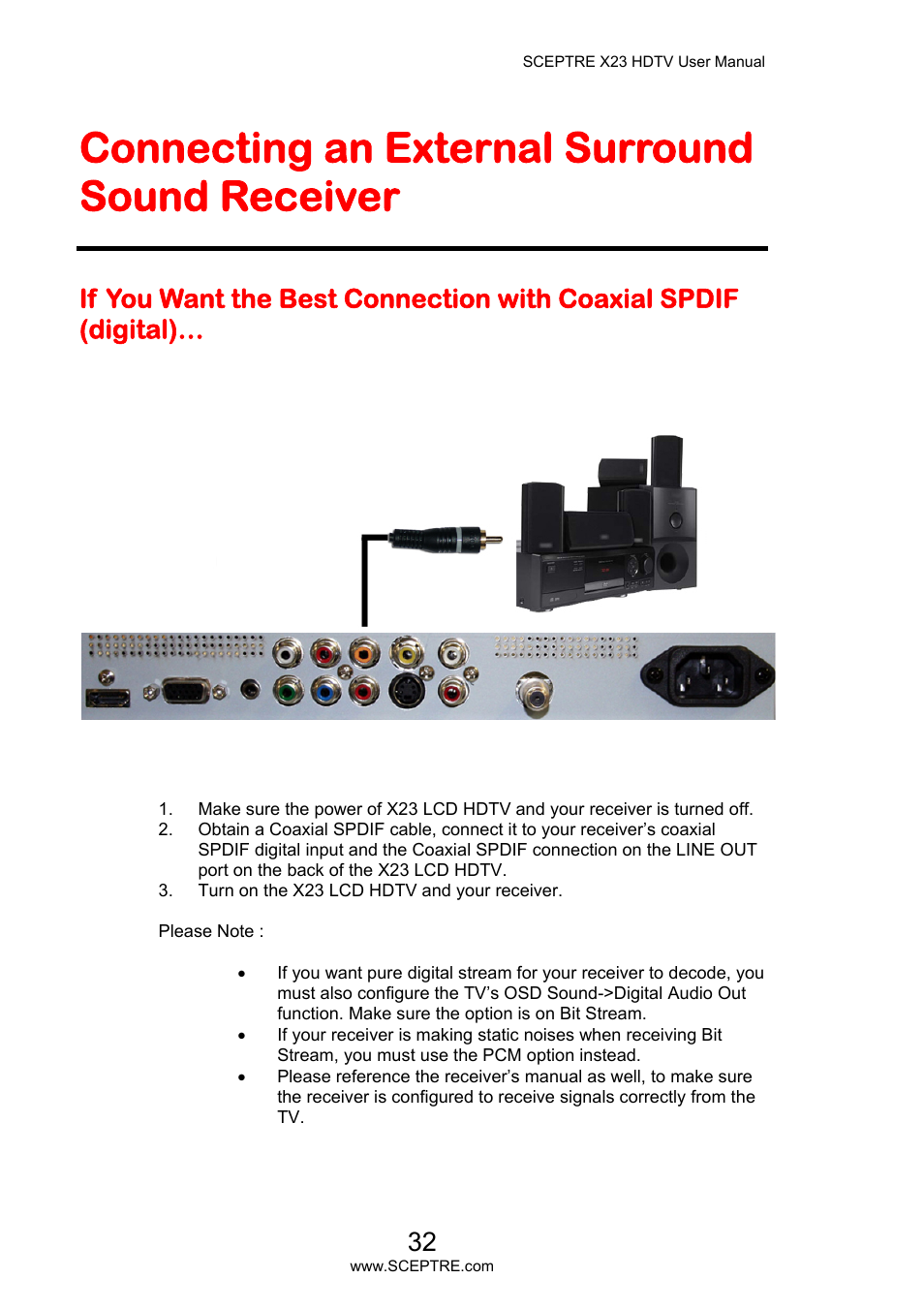 Connecting an external surround sound receiver | Sceptre X23PV-KOMODO User Manual | Page 32 / 79
