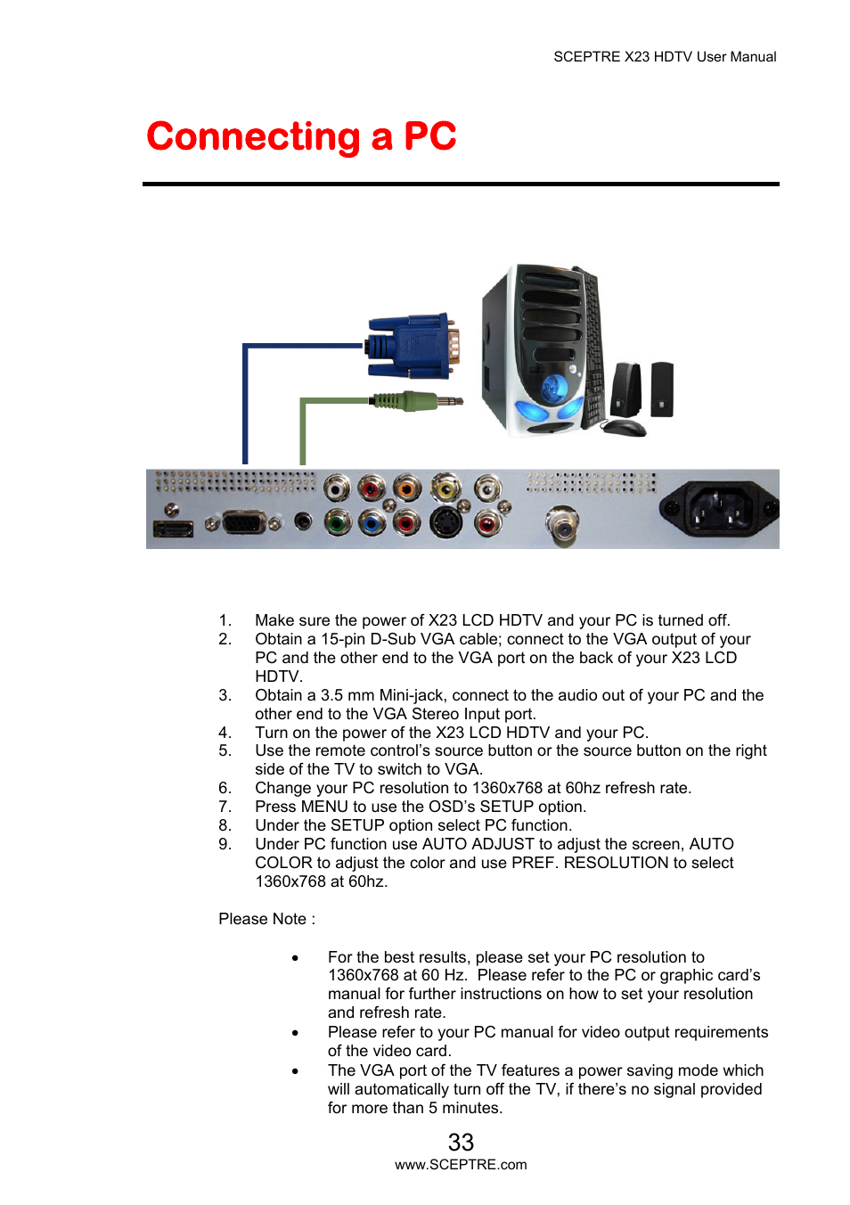 Connecting a pc | Sceptre X23PV-KOMODO User Manual | Page 33 / 79