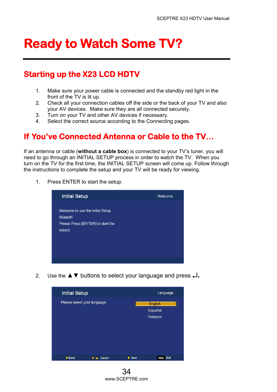 Ready to watch some tv, Starting up the x23 lcd hdtv, If you’ve connected antenna or cable to the tv | Sceptre X23PV-KOMODO User Manual | Page 34 / 79