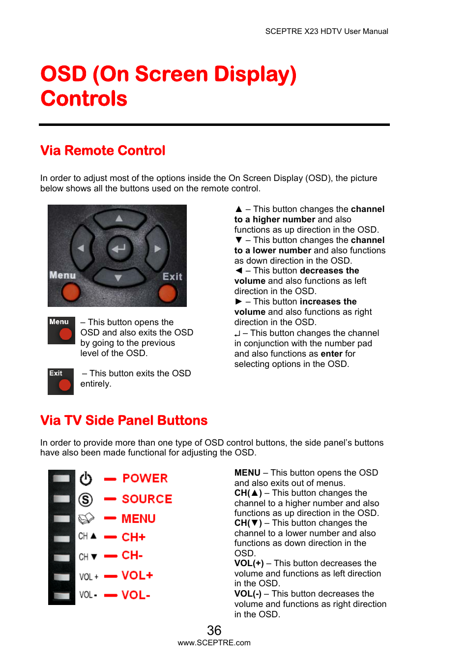 Osd (on screen display) controls, Via remote control, Via tv side panel buttons | Sceptre X23PV-KOMODO User Manual | Page 36 / 79