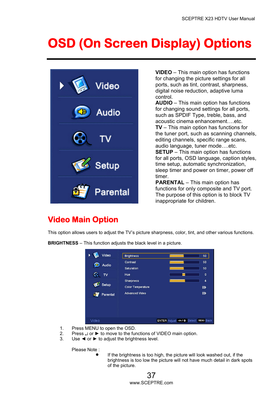 Osd (on screen display) options, Video main option | Sceptre X23PV-KOMODO User Manual | Page 37 / 79