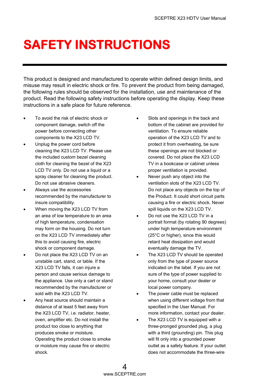 Safety instructions | Sceptre X23PV-KOMODO User Manual | Page 4 / 79