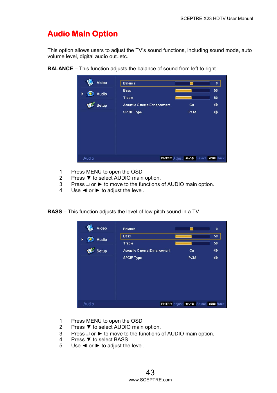Audio main option | Sceptre X23PV-KOMODO User Manual | Page 43 / 79