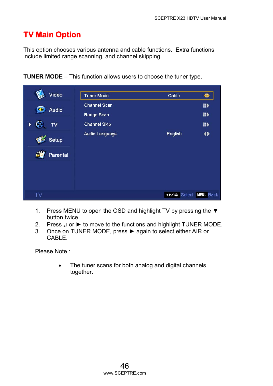 Tv main option | Sceptre X23PV-KOMODO User Manual | Page 46 / 79
