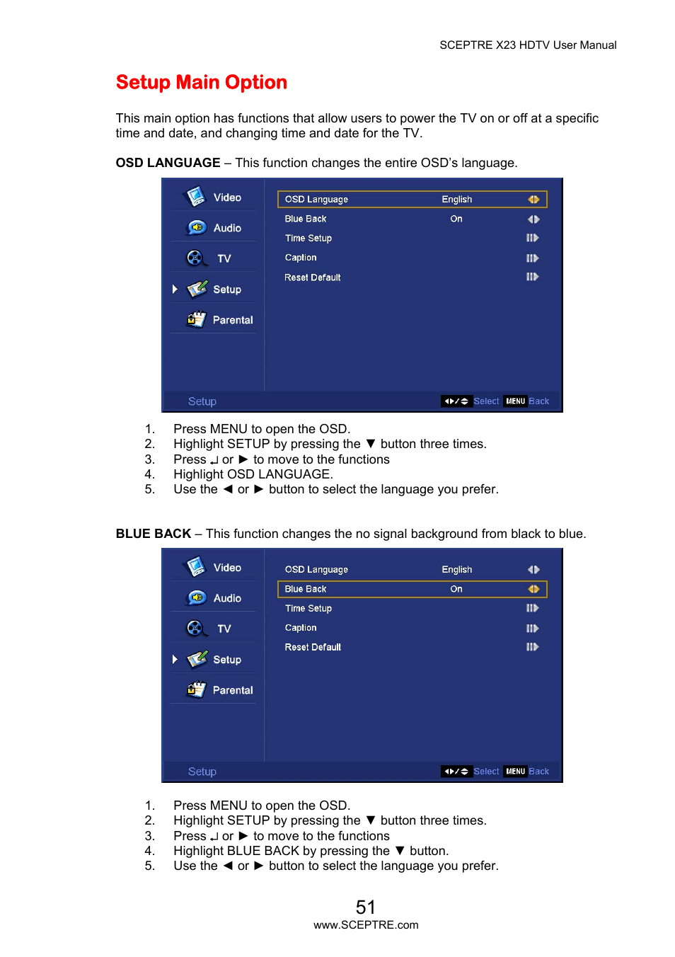 Setup main option | Sceptre X23PV-KOMODO User Manual | Page 51 / 79