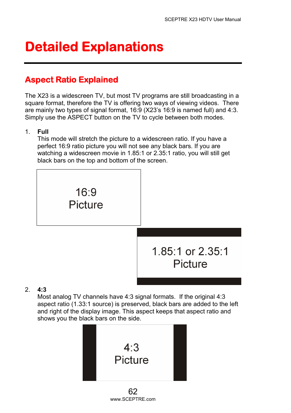 Detailed explanations, Aspect ratio explained | Sceptre X23PV-KOMODO User Manual | Page 62 / 79