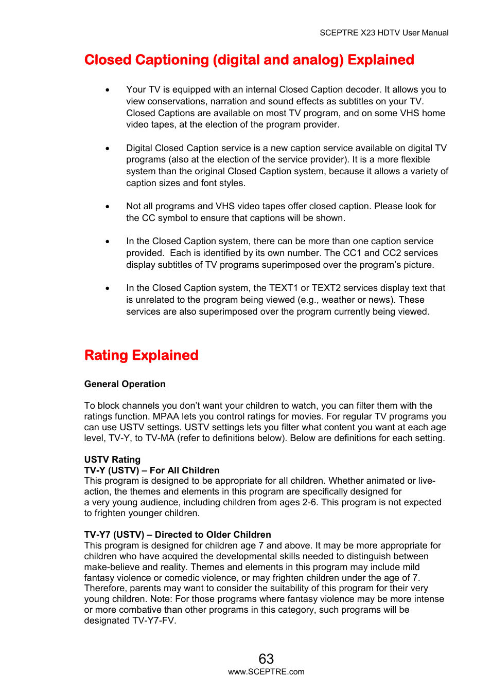Closed captioning (digital and analog) explained, Rating explained | Sceptre X23PV-KOMODO User Manual | Page 63 / 79