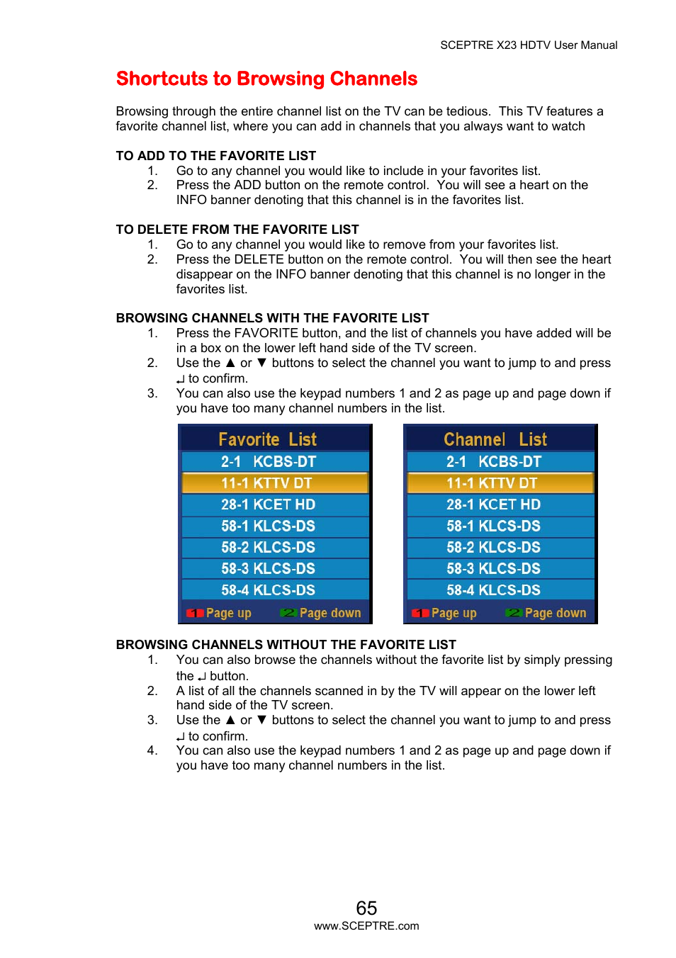 Shortcuts to browsing channels | Sceptre X23PV-KOMODO User Manual | Page 65 / 79