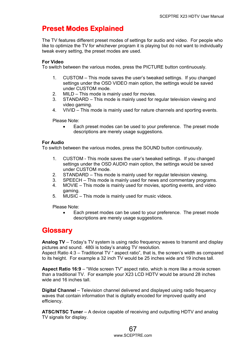 Preset modes explained, Glossary | Sceptre X23PV-KOMODO User Manual | Page 67 / 79