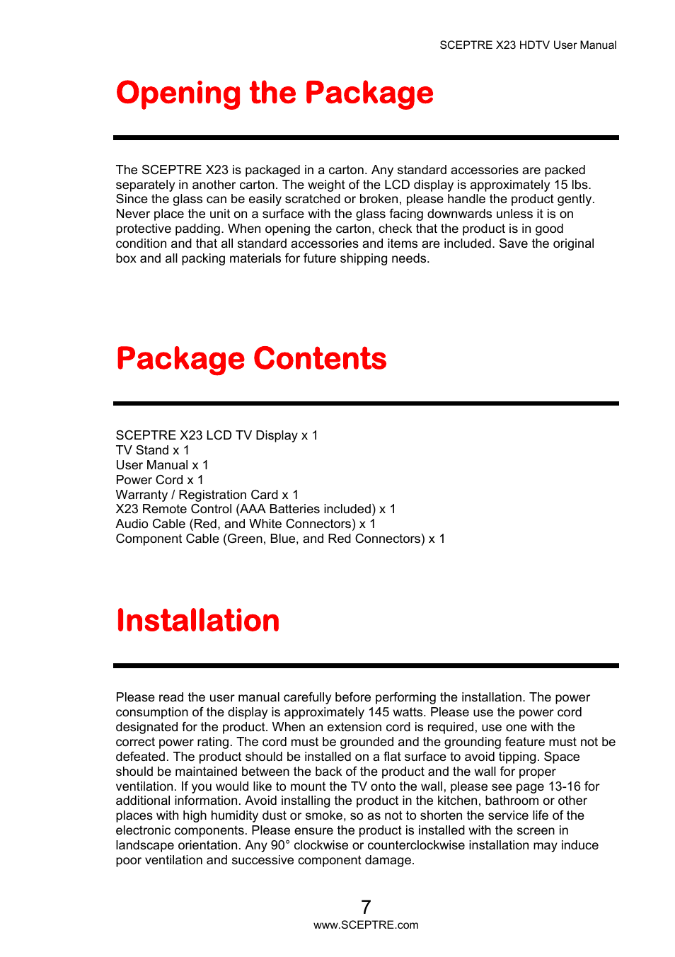 Opening the package, Package contents, Installation | Sceptre X23PV-KOMODO User Manual | Page 7 / 79