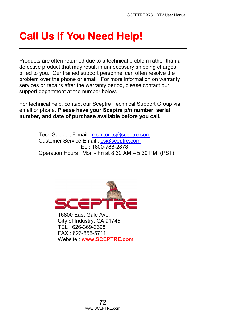 Call us if you need help | Sceptre X23PV-KOMODO User Manual | Page 72 / 79