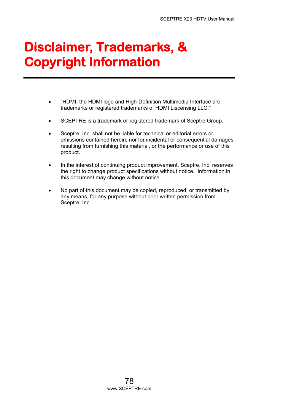 Disclaimer, trademarks, & copyright information | Sceptre X23PV-KOMODO User Manual | Page 78 / 79
