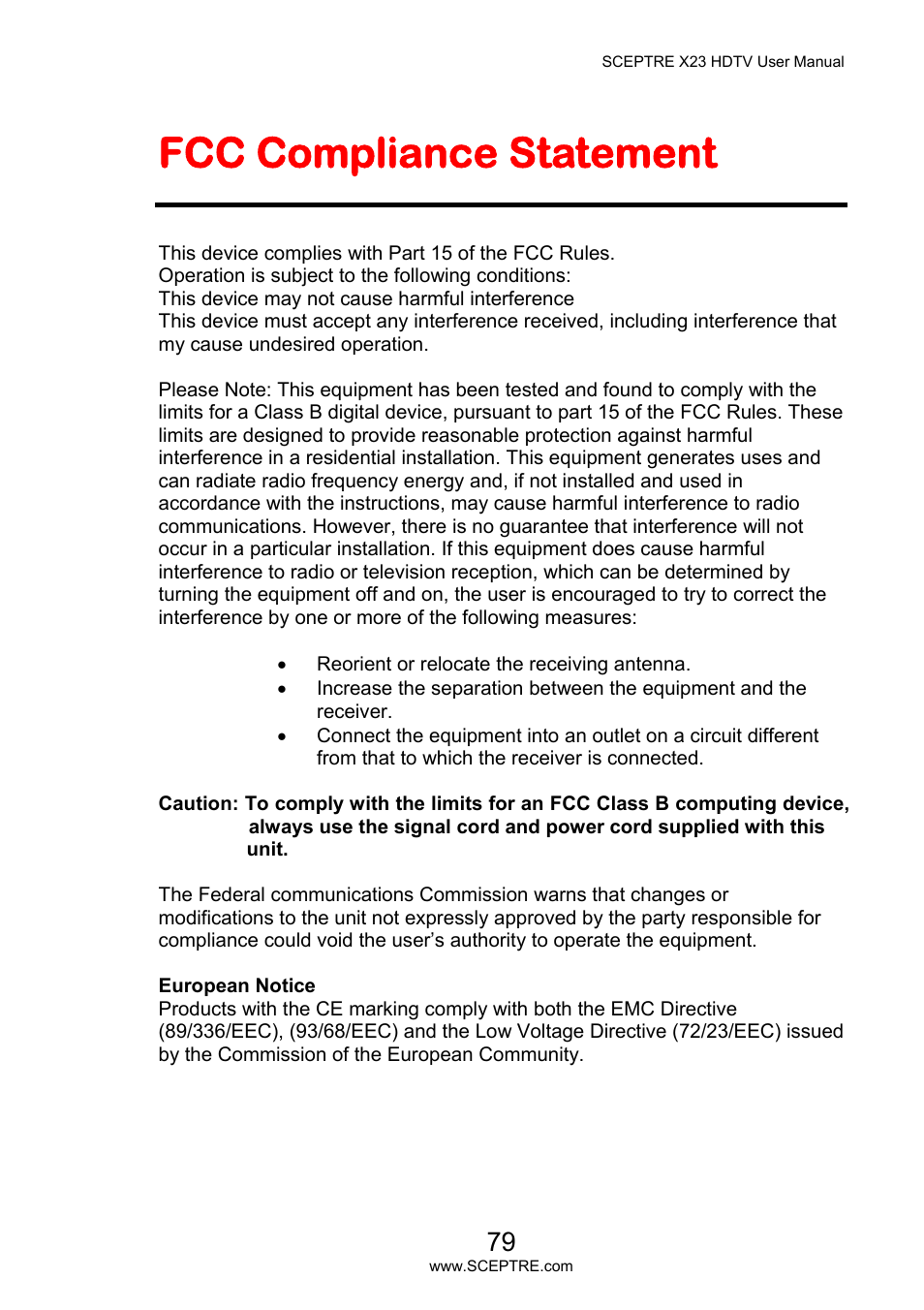 Fcc compliance statement | Sceptre X23PV-KOMODO User Manual | Page 79 / 79