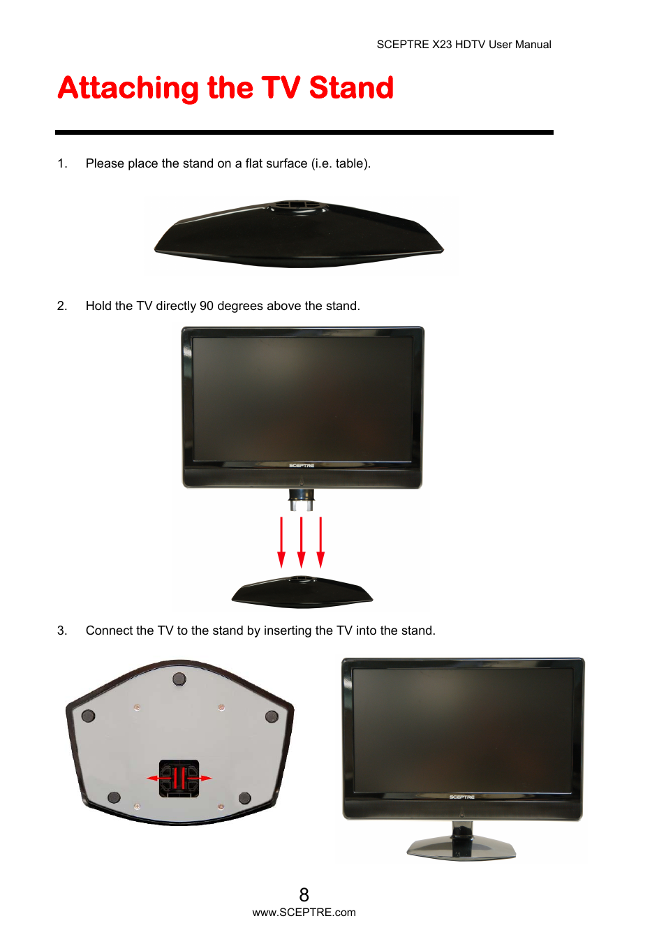 Attaching the tv stand | Sceptre X23PV-KOMODO User Manual | Page 8 / 79