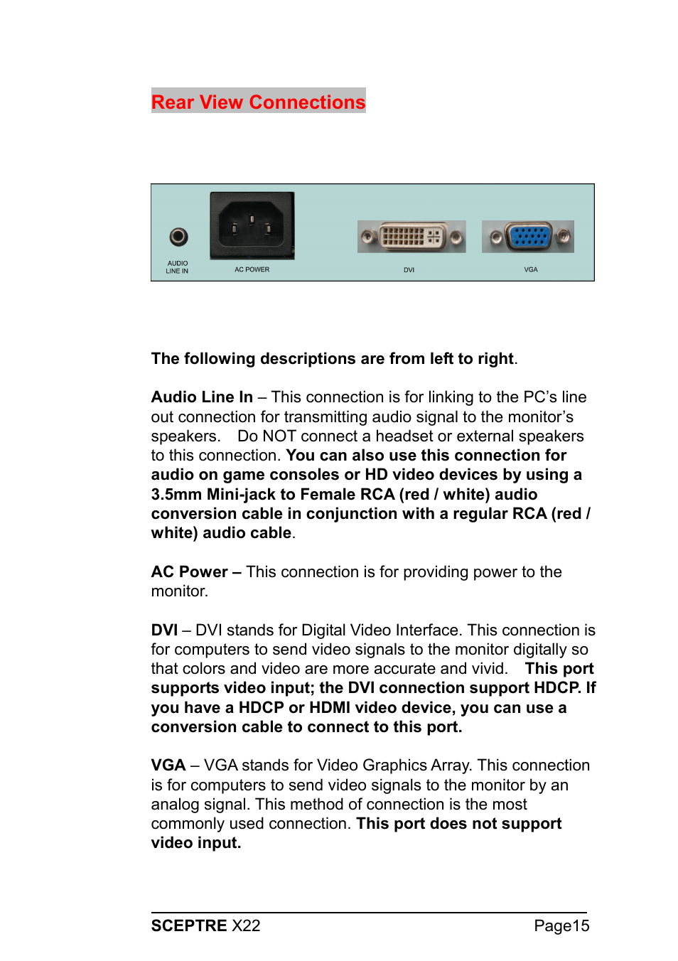 Rear view connections | Sceptre Technologies X22 User Manual | Page 15 / 44