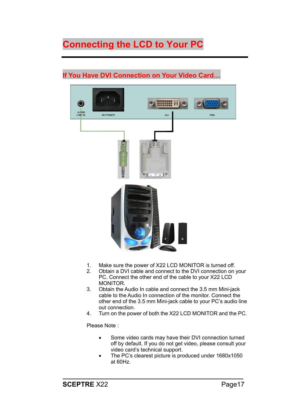 Connecting the lcd to your pc | Sceptre Technologies X22 User Manual | Page 17 / 44
