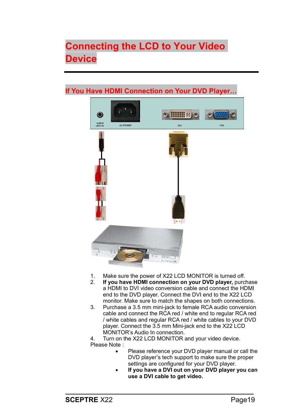 Connecting the lcd to your video device | Sceptre Technologies X22 User Manual | Page 19 / 44