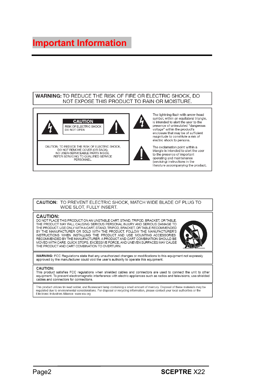 Important information | Sceptre Technologies X22 User Manual | Page 2 / 44