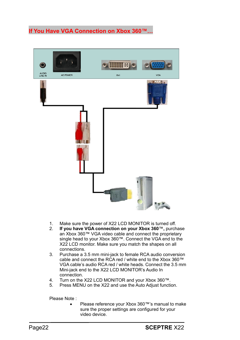 Page22 sceptre x22, If you have vga connection on xbox 360 | Sceptre Technologies X22 User Manual | Page 22 / 44