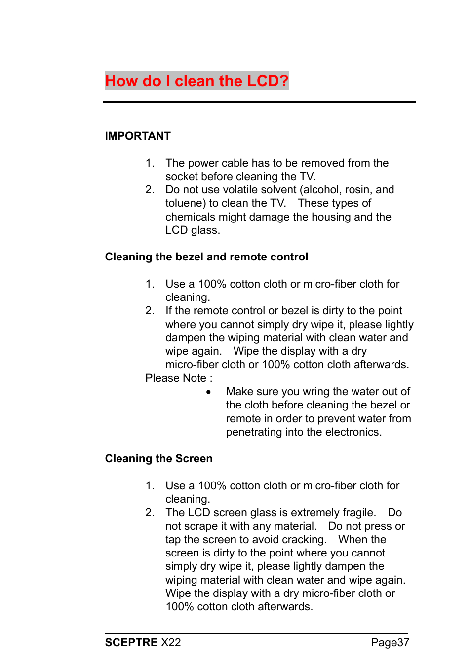 How do i clean the lcd | Sceptre Technologies X22 User Manual | Page 37 / 44