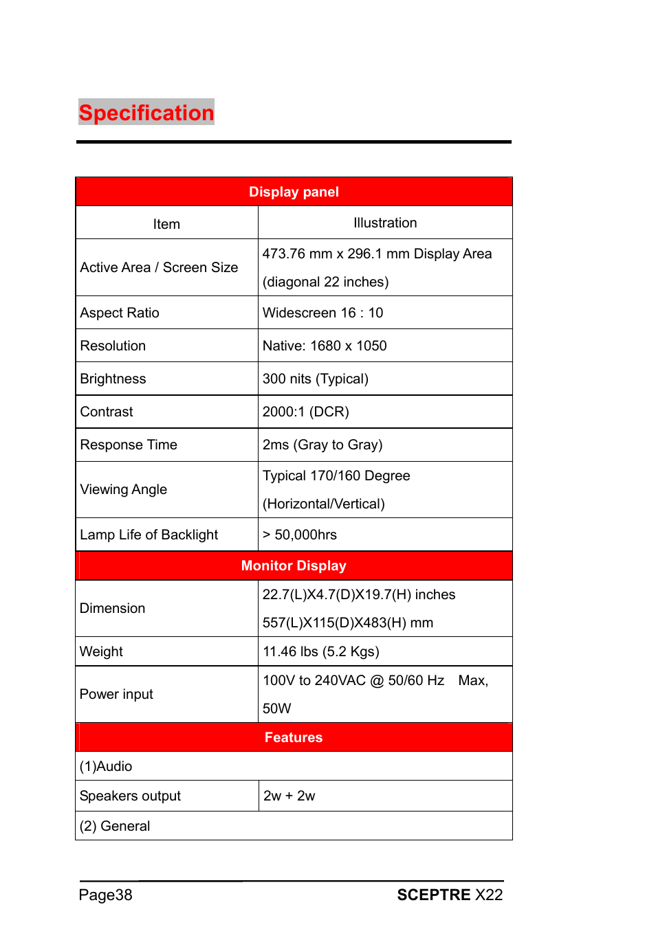 Specification | Sceptre Technologies X22 User Manual | Page 38 / 44