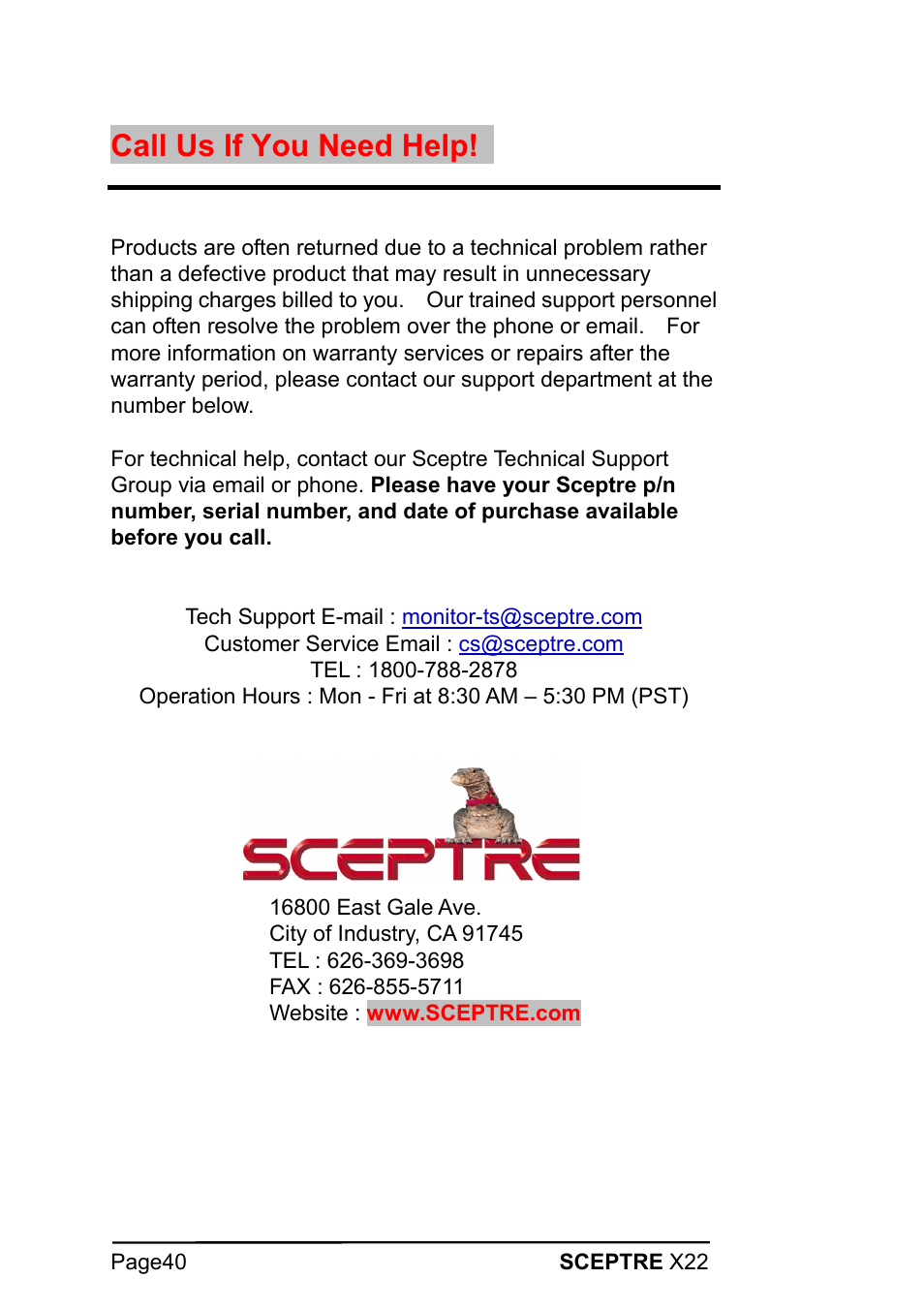 Call us if you need help | Sceptre Technologies X22 User Manual | Page 40 / 44