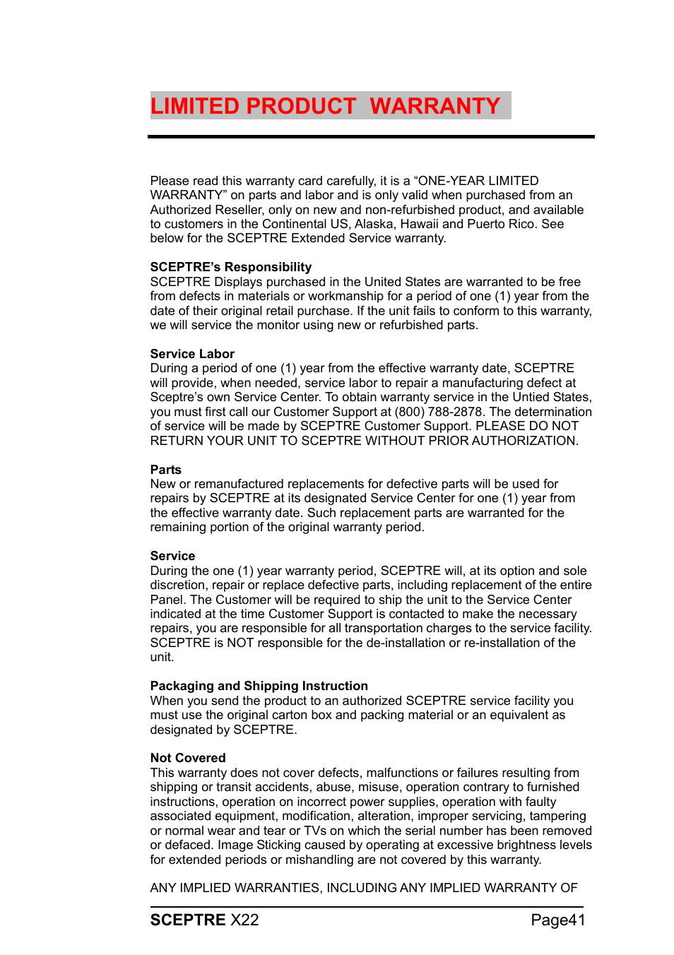 Limited product, Warranty | Sceptre Technologies X22 User Manual | Page 41 / 44