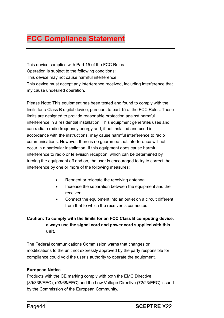 Fcc compliance statement | Sceptre Technologies X22 User Manual | Page 44 / 44