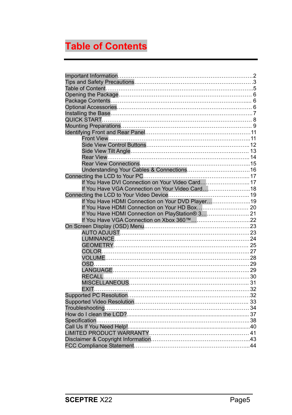 Sceptre Technologies X22 User Manual | Page 5 / 44