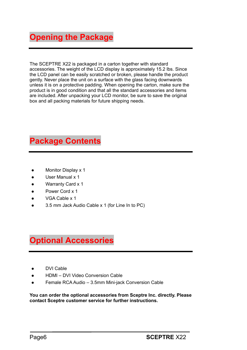 Opening the package, Package contents, Optional accessories | Page6 sceptre x22 | Sceptre Technologies X22 User Manual | Page 6 / 44